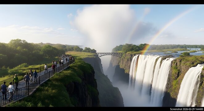 Victoria Falls natural wonder with rainbow over majestic landscape