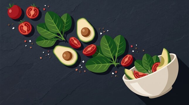 Flat vector illustration fresh spinach avocado and cherry tomatoes falling into a white salad bowl on dark stone background