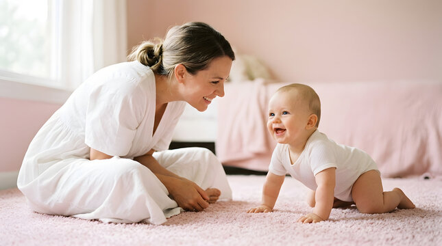 Motherhood Joy: A tender moment captured between a mother and her baby, as the infant smiles while crawling on a soft rug, evoking warmth and unconditional love.