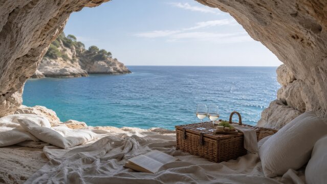 Luxury Picnic Cave Overlooking Crystal Blue Mediterranean Sea Peaceful Coastal Retreat Paradise