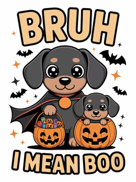 Two cartoon dogs dressed for Halloween sit inside pumpkin baskets. One is holding a candy bucket, both have wide, expressive eyes.