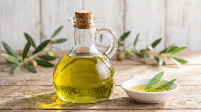 Glass cruet of fresh extra virgin olive oil with olive branches on rustic wooden table