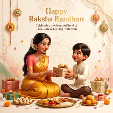 Illustration featuring a joyful sister presenting a gift to her brother during indian festival celebration with celebration sweets decorations