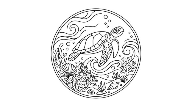 Sea turtle swimming under ocean among coral reef monoline vector illustration in circular frame