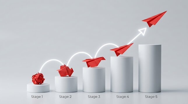 Red paper plane flying over a bar chart. Business growth concept with rising graph steps.