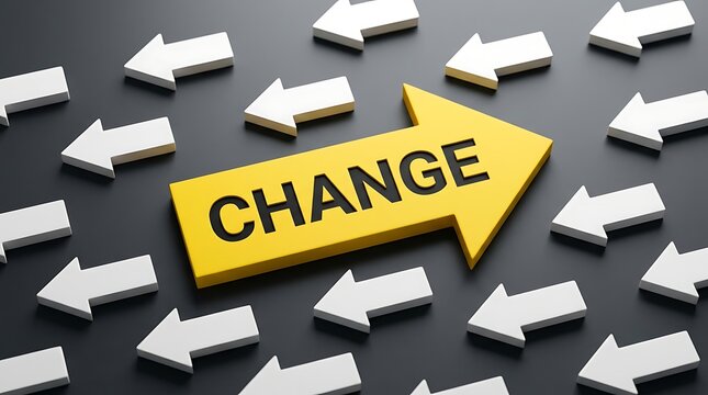3D yellow change arrow breaking through scattered white blocks. Transformation and innovation concept with bold directional symbol on dark background.