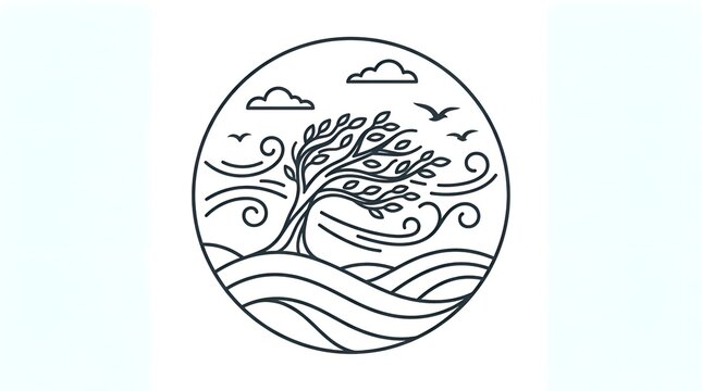 Windswept tree on rolling hills landscape monoline vector illustration in circular frame