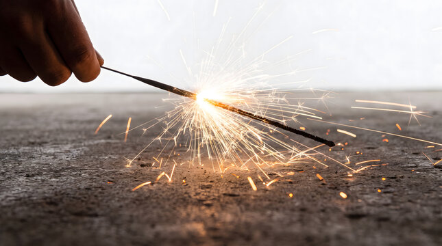 Hand holding burning sparkler stick close up emitting bright golden sparks on concrete floor