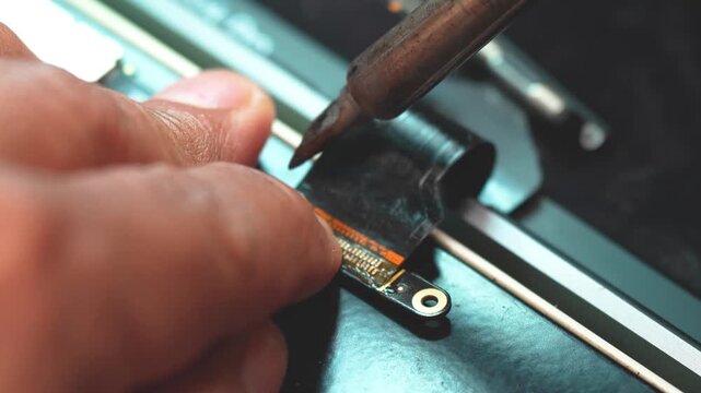Close-up of technician repairing laptop video connector with precision soldering tools