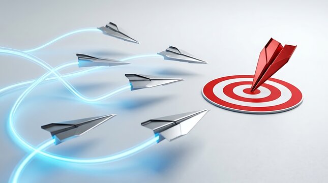 Fighter jets flying in precision formation targeting bullseye. Military aircraft squadron executing tactical aerial maneuver with radar lock.