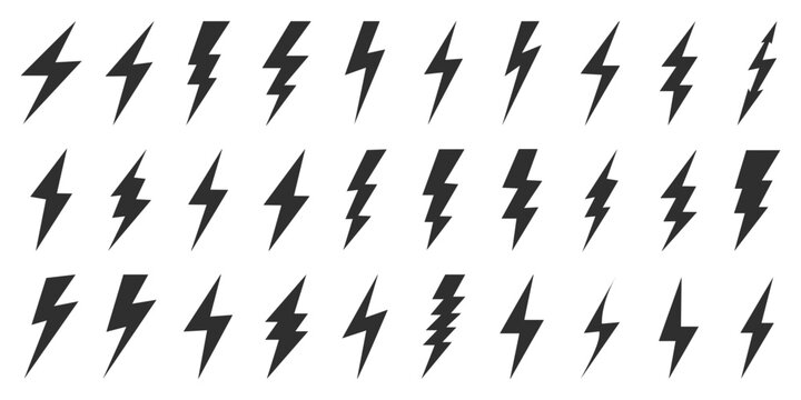 Lightning bolt icon. Flash symbol, thunderbolt, blitz lightnings strike sign. Electric energy black silhouettes, power concept. Vector isolated dynamic sports logo set
