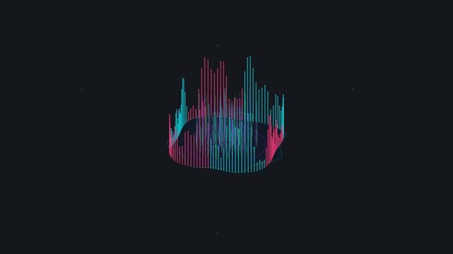 Glowing neon audio equalizer bars fluctuating in circular motion within this abstract digital motion footage clip