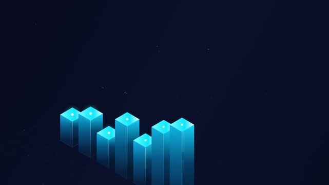 Glowing blue isometric chart columns growing on dark futuristic grid background