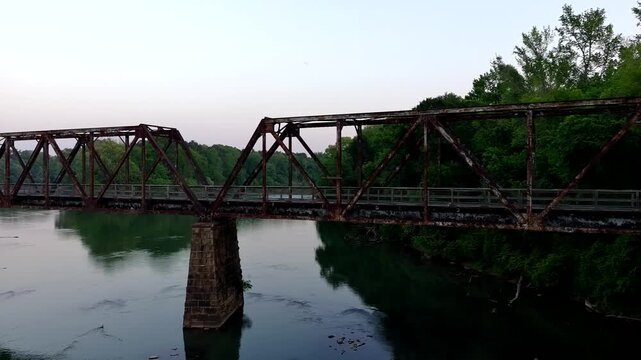 Drone View of Rails to Trails railroad bridge over the Broad River in South Carolina in early morning