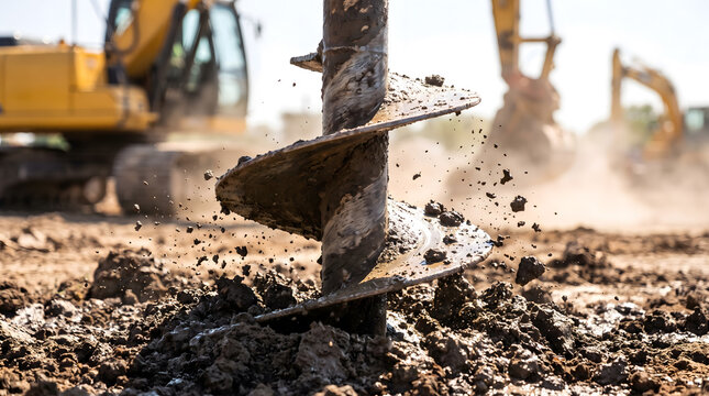 Construction drilling auger rig churning mud and soil at foundation construction site