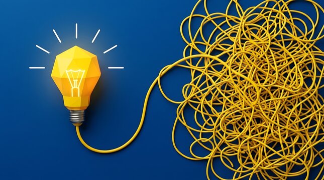 Bright idea concept with glowing light bulb and tangled golden wires. Creative innovation symbolizing brainstorming and problem-solving solutions.