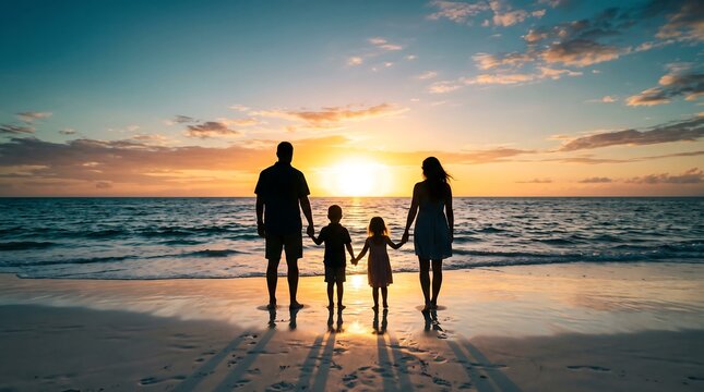 happy family with tree kids walk at sunset beach