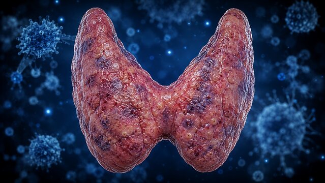 Hashimoto Thyroiditis with Diffuse Autoimmune Thyroid Inflammation, Enlarged Human Thyroid Gland and Endocrine Pathology, Medical Illustration