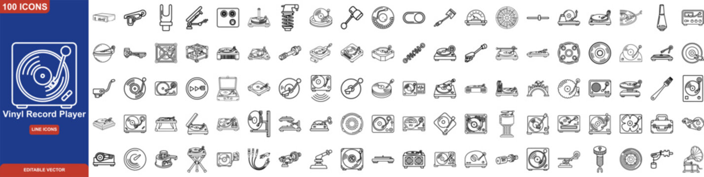 Vinyl Record Player Line Icon Set. Including Turntable Components, Vintage Gramophones, Stylus Needles, Tonearms, DJ Gear, and Audiophile Equipment