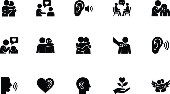 Set of emotional connection and human interaction icons with connection communication listening
