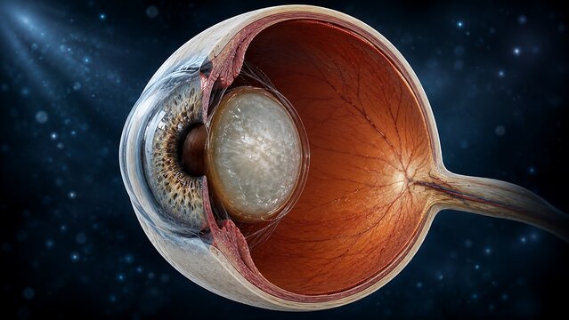 Cataract with Clouded Crystalline Lens, Human Eye Cross Section and Vision Impairment, Ophthalmology Medical Illustration
