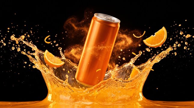 Dynamic splashing of a refreshing orange energy drink aluminum can with juicy orange slices on a dark black background