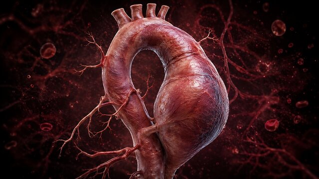 Thoracic Aortic Aneurysm with Dilated Human Aorta, Aortic Wall Weakening and Life-Threatening Cardiovascular Pathology, Medical Illustration