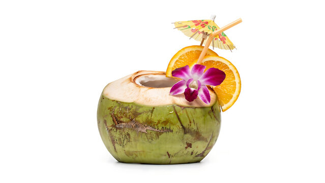 Tropical young coconut refreshing drink garnish with tropical, beverage