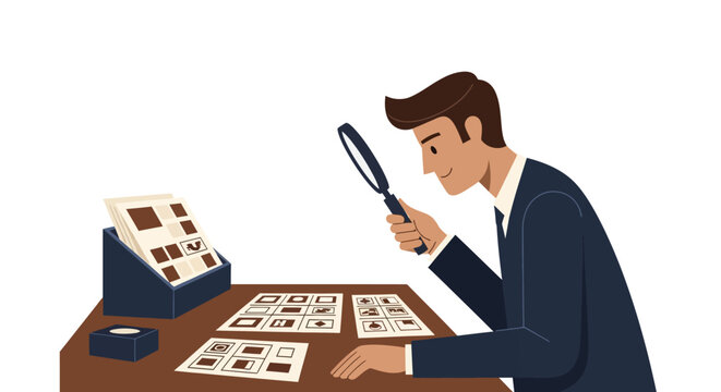 Businessman in Suit Examining Documents with a Magnifying Glass, Professional Concept for Data Analysis, Audit, Quality Control, and Research Investigation