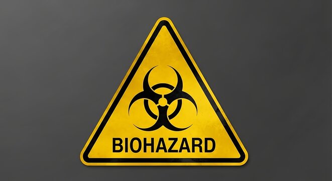 Biohazard symbol on yellow warning sign.