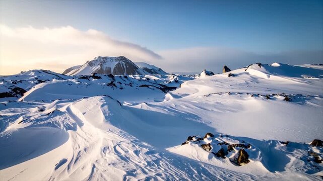A snow-covered landscape with mountains under a bright blue sky, with some rocky terrain