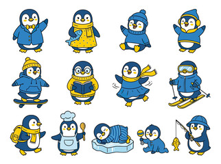 Cute cartoon penguins in various winter outfits and activities