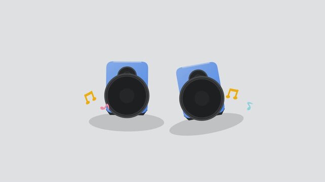 Animated blue speakers dancing rhythmically to musical beats in this colorful digital motion graphic video clip