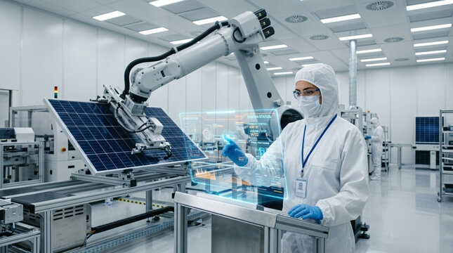 Engineer in cleanroom suit using holographic interface to monitor automated robotic arm assembly of solar panels in high-tech green energy manufacturing facility with digital data overlay.