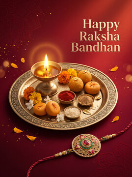 Festive brass platter with traditional sweets and ornate bracelet for raksha bandhan celebration greeting with ritual powders alongside ornate decorative bracelet