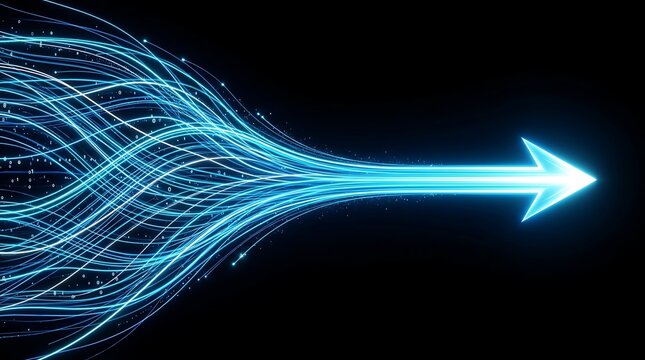 Futuristic digital arrow speeding through neon data streams. High-tech glowing trajectory symbolizing innovation and fast connectivity.