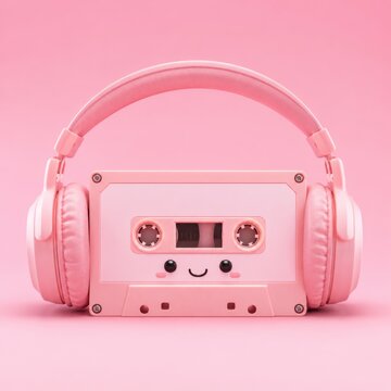 Cute Pink Cassette Wearing Headphones Smiling On Soft Pastel Background Scene