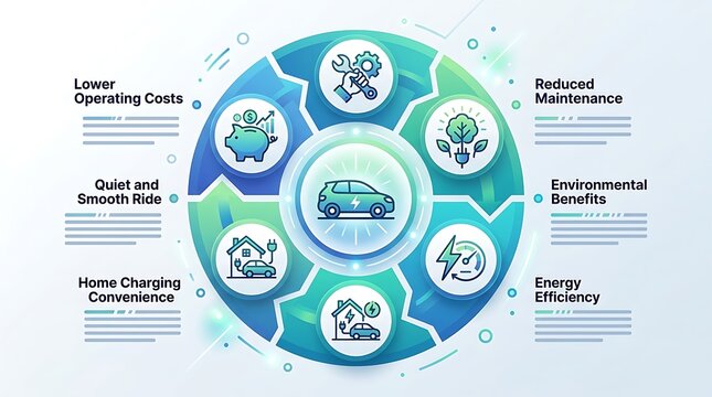 Benefits of electric vehicles infographic with circular icons