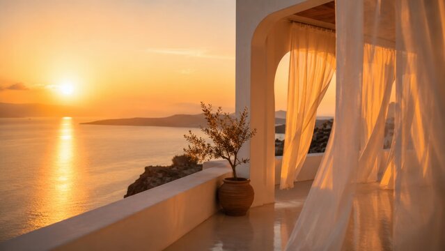 Golden Sunset Balcony Overlooking Sea With Flowing Curtains Mediterranean Coastal Paradise