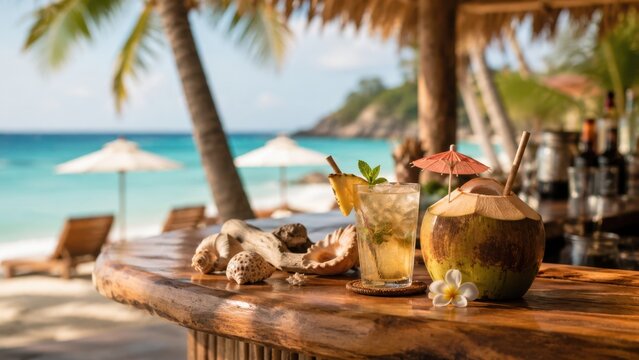 Tropical Beach Bar Cocktails Coconut Drinks And Crystal Blue Ocean Paradise