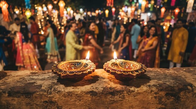 Navaratri celebration with traditional diyas vibrant garba dance and festive lighting at night