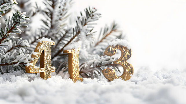 Golden metallic numbers 4 1 and 3 covered in snow amidst frosted pine branches with numbers nestled soft beside frosted new year close with close