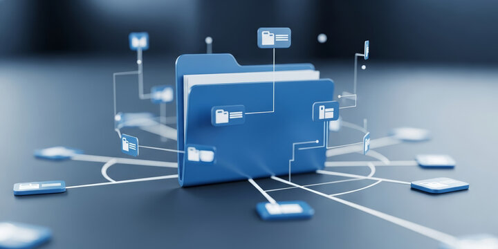 Blue folder with connected digital file icons