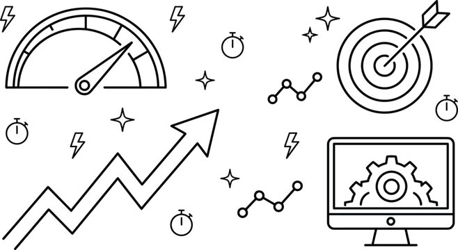 Business performance productivity and optimization icon set featuring speedometer growth arrow target bullseye computer monitor with gear and data charts line vectors
