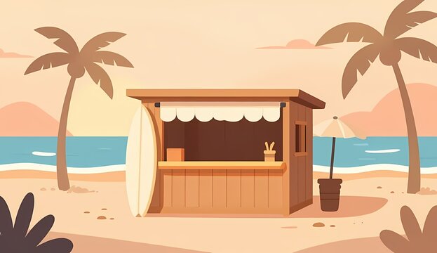 Minimalist flat vector camping landscape illustration with a small wooden lifeguard shack on sunset coast

