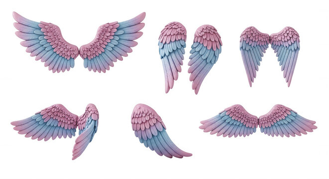colorful angel wings of various orientations set on white ready for digital design and illustration projects