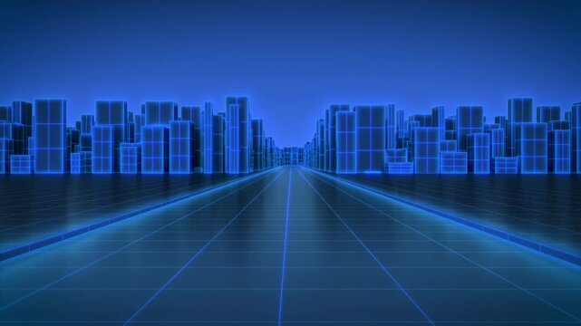 Futuristic Abstract Neon City with Orbit Camera Movement, Blue Sci-Fi Technology Background 4K