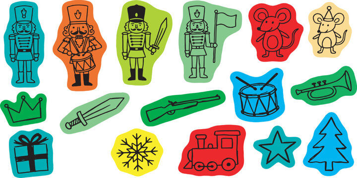 Collection of festive Christmas and holiday icons including nutcrackers, mice, and toys on a white background.