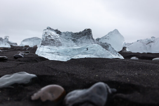 Diamond Beach iceberg chunk on black volcanic sand in Iceland