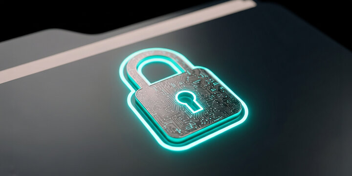 Glowing digital padlock icon on dark background